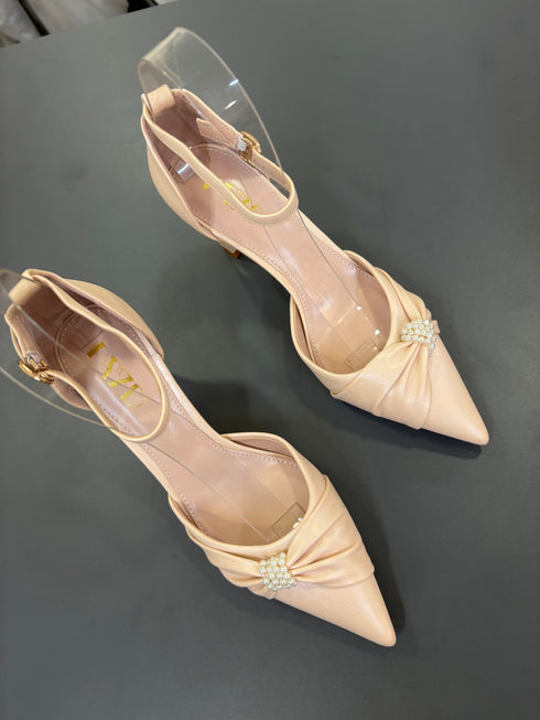 Ladies Elegant Pearl Decor Bow Pointy Toe Heel